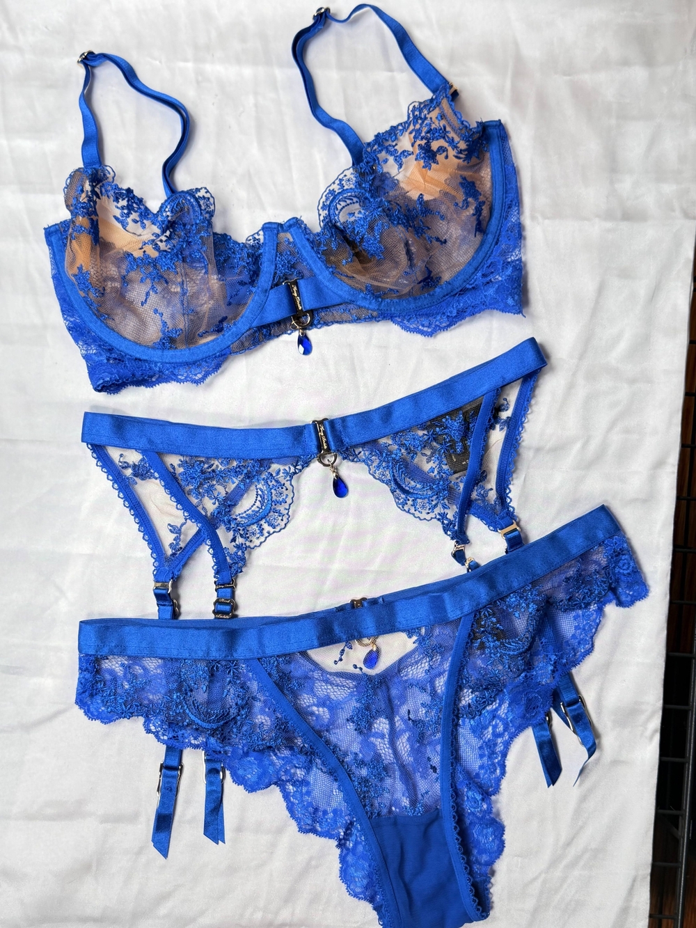 Honey Birdette Laura Sapphire Blue 3pc Full Set 34DDD Bra S Garter & S Briefs